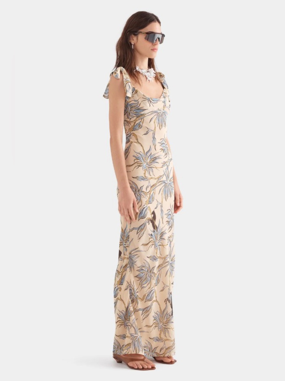 Venroy 100% Silk Floral Horse Print Tie Shoulder Bias-Cut Maxi Dress NWOT - Picture 3 of 8